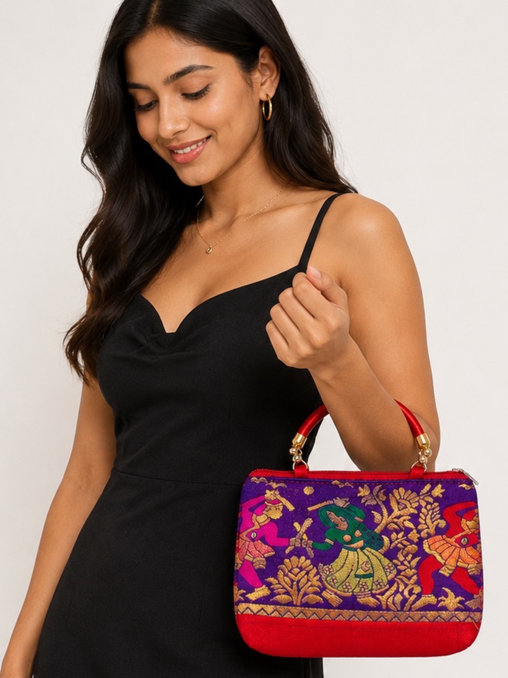 Like New Embroidered Satin Mini Handbag | Colorful Brocade Top Handle Purse